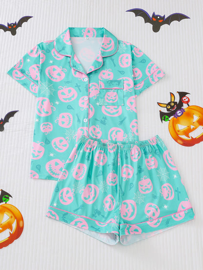 Women's Pocket Lapel Blouse & Elastic Waist Shorts Pyjama Set, Halloween Christmas Button Front Top & Shorts Pj Set, Pyjamas for Women, Feminine Tops, PJ Sets for Women, Loungewear, Nightwear, Pajamas, Womenswear - Seldom Seen Styles