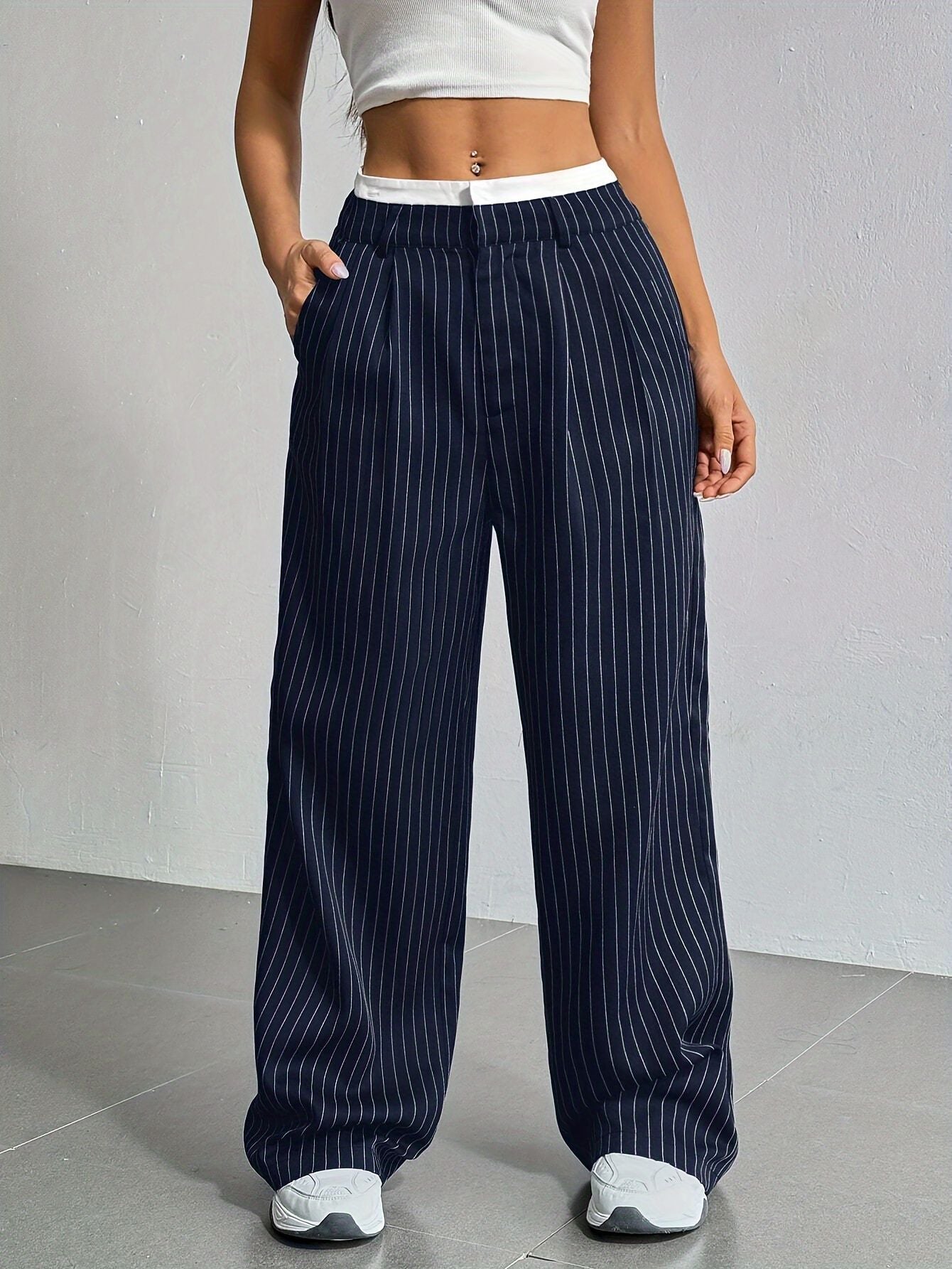 Women's Striped Pants Color Block High Waisted Wide Leg Casual Work Office Long Trousers - Seldom Seen Styles