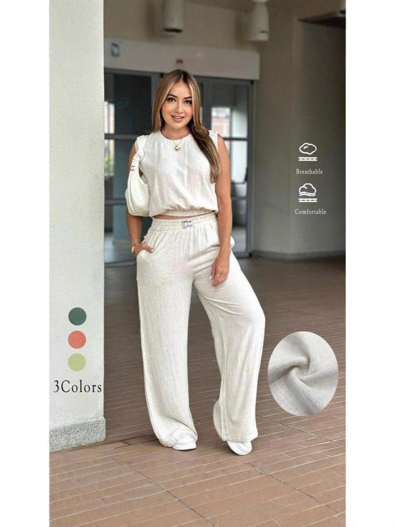 Two-Piece Set Women's Solid Color Tank Top & Wide Leg Pants Set, Casual Fashion Cozy Breathable Two-piece for Daily Outdoor Wear, Ladies Clothes for Summer, Suits - Seldom Seen Styles