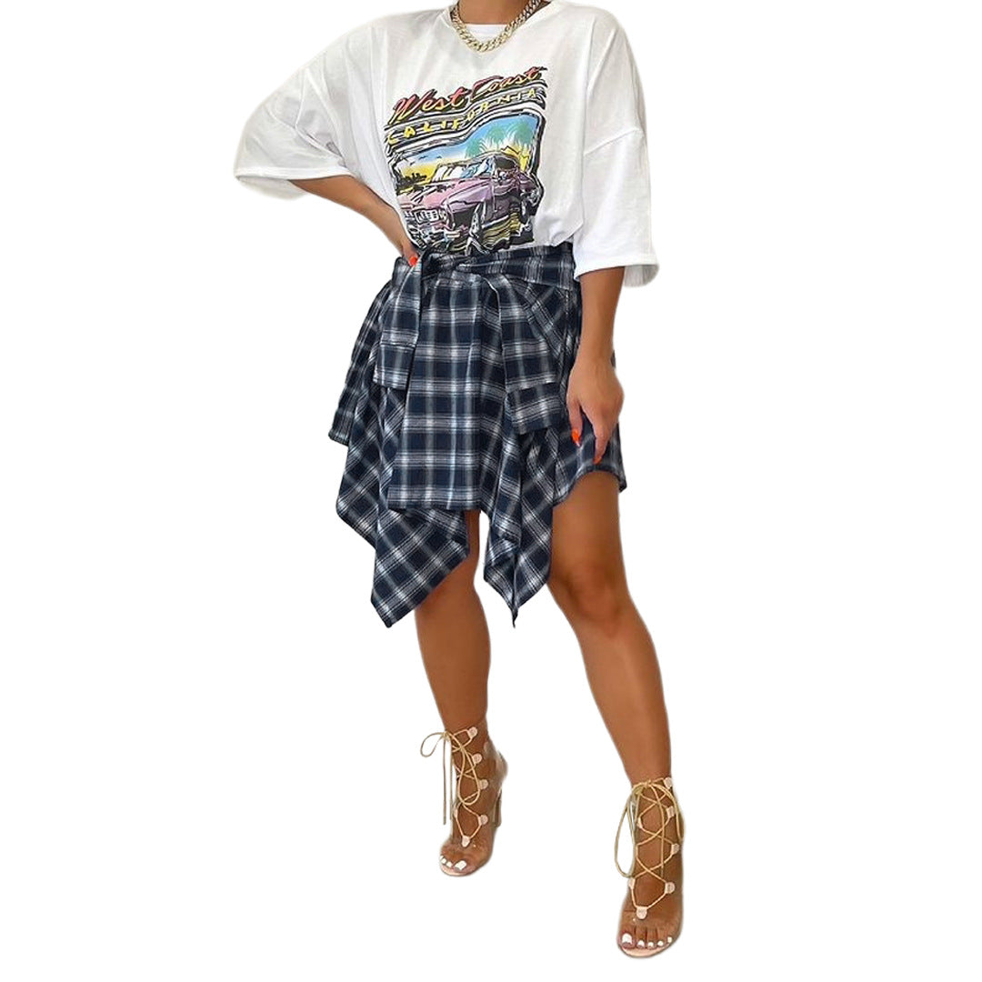 Women's Fashion Style Plaid Print Asymmetrical Hem High Waist Skirt, Casual Comfort Elastic Waist Tiered Layer Knee Length Skirt for Summer Going Out Streetwear, Fashionable Trendy Plaid Skirt, Womenswear Everyday Bottom - Seldom Seen Styles