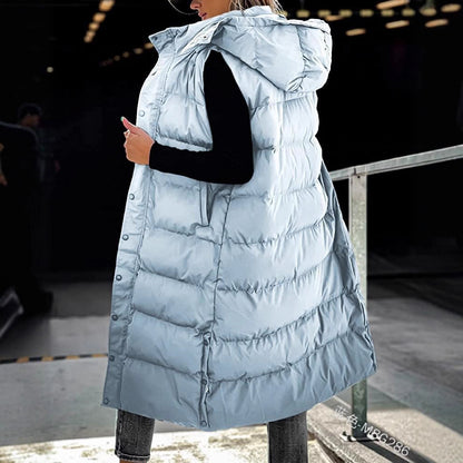 Women's Long Puffer Vest with Quilted Hood and Button Down Closure for Winter Coat 2025 - Tops, Womenswear - Seldom Seen Styles