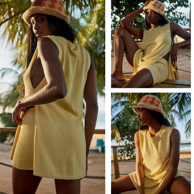 Women's 2 Piece Outfits Summer Knit Sweater Set Sleeveless Tunic Top Matching Shorts Trendy Beach Vacation Sets Loungesetwomen Suits Clothes Womenswear  Basic Beige - Seldom Seen Styles