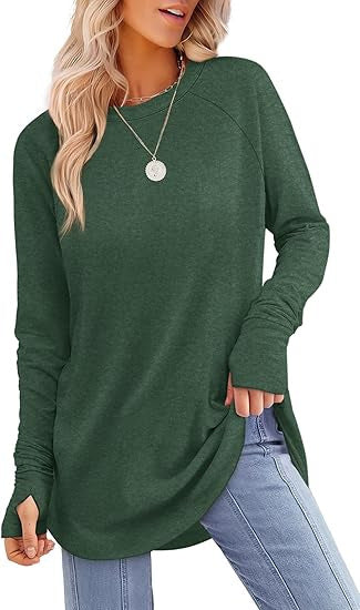 Womens Tunic Tops to Wear with Leggings Long Sleeve Thumb Hole Shirts Crew Neck Curved Hem - Seldom Seen Styles