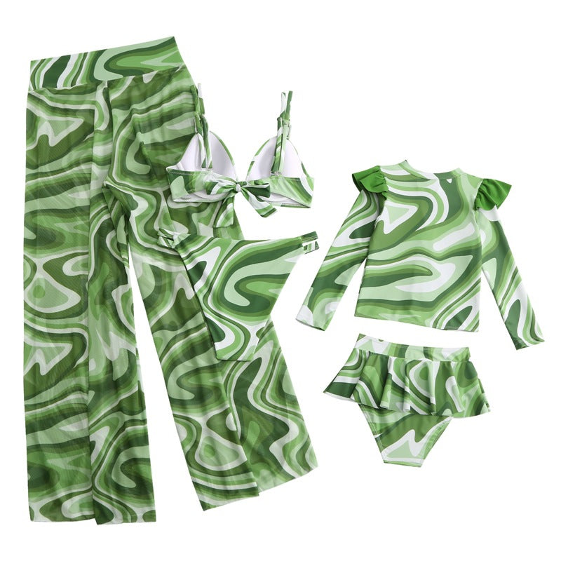 2024New Style Swimsuit Bikini Three-Piece Set Mesh Print Long Pants Swimwear swimwear