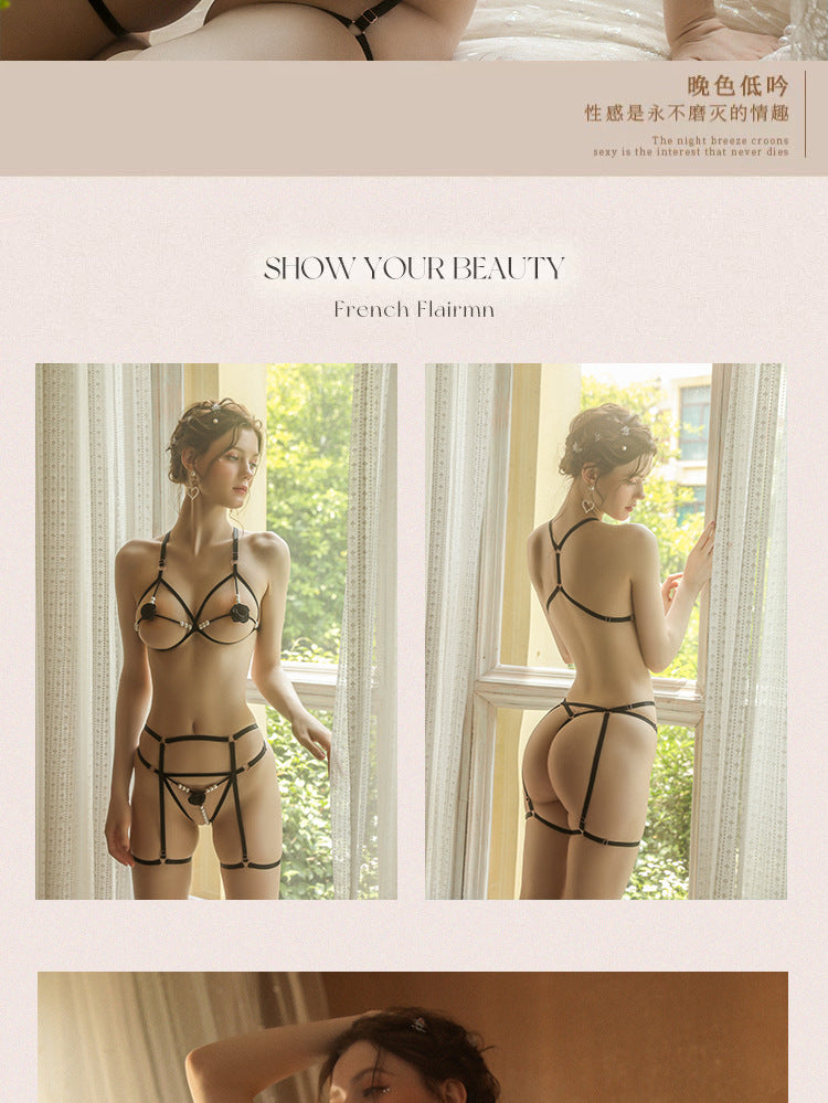 Romantic Rose Embroidered 3-Piece Lingerie Set with Sensory Pearls - T-Back Bra & Thong in 5 Colors - Seldom Seen Styles