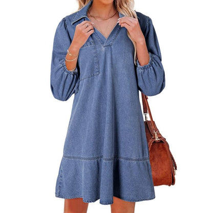 Denim Dress for Women Fashion Fall Casual Babydoll 2025 V Neck 3/4 Puff Sleeve Jean Dresses - Seldom Seen Styles