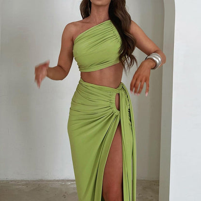 maxi dress with slit one shoulder dress two piece skirt set Sexy red one shoulder dress