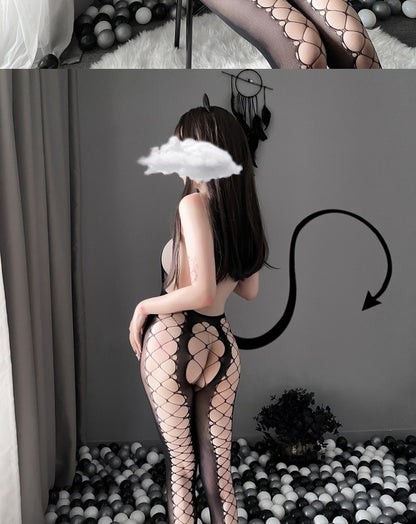 Women's Sexy OneSize Fishnet Halter Cut-Out Bodystocking Lingerie Black - Seldom Seen Styles