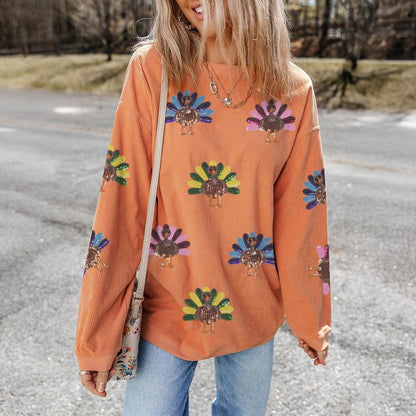Women's Thanksgiving Sweatshirt with Sequin Turkey Graphic Corded Baggy Long Sleeve Winteroutfit Round Neck Casual Tops for Comfortable Wear - Seldom Seen Styles