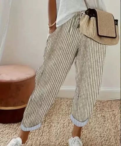 Women's Casual Vertical Striped High Elastic Waist Wide Leg Capri Palazzo Pants with Pockets - Seldom Seen Styles