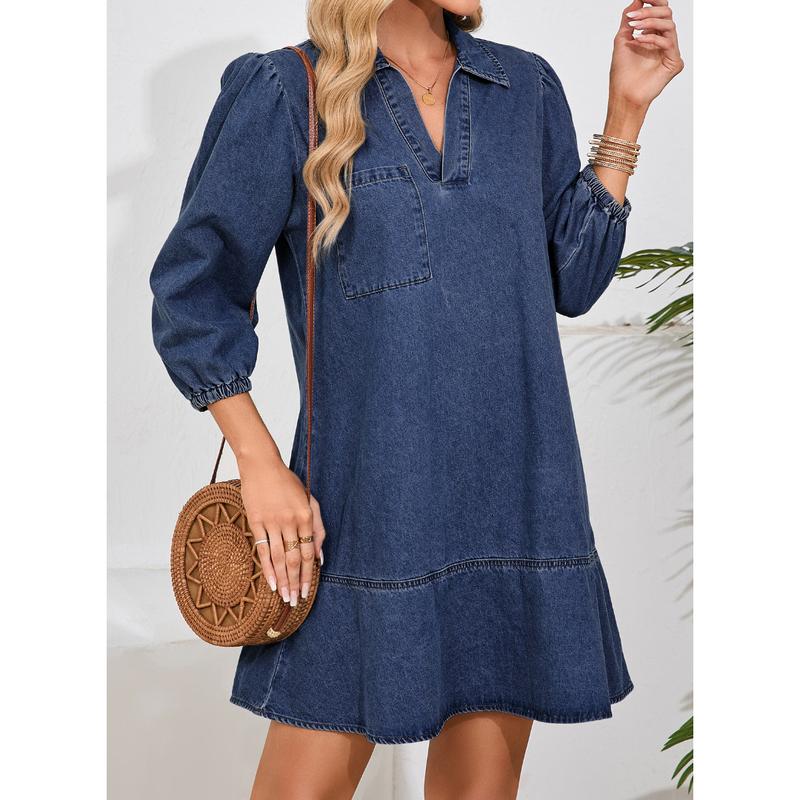 Denim Dress for Women Fashion Fall Casual Babydoll 2025 V Neck 3/4 Puff Sleeve Jean Dresses - Seldom Seen Styles