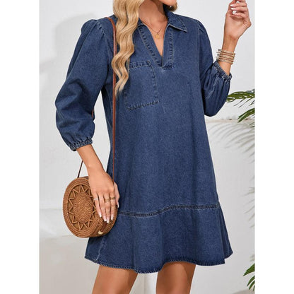 Denim Dress for Women Fashion Fall Casual Babydoll 2025 V Neck 3/4 Puff Sleeve Jean Dresses - Seldom Seen Styles