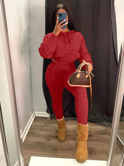 Women's Minimalist Textured Long Sleeve Crop Hooded Sweater & High Waist Skinny Pants Set, Casual Cozy Lady Knitwear Outfits Suits, Basic Womenswear - Seldom Seen Styles