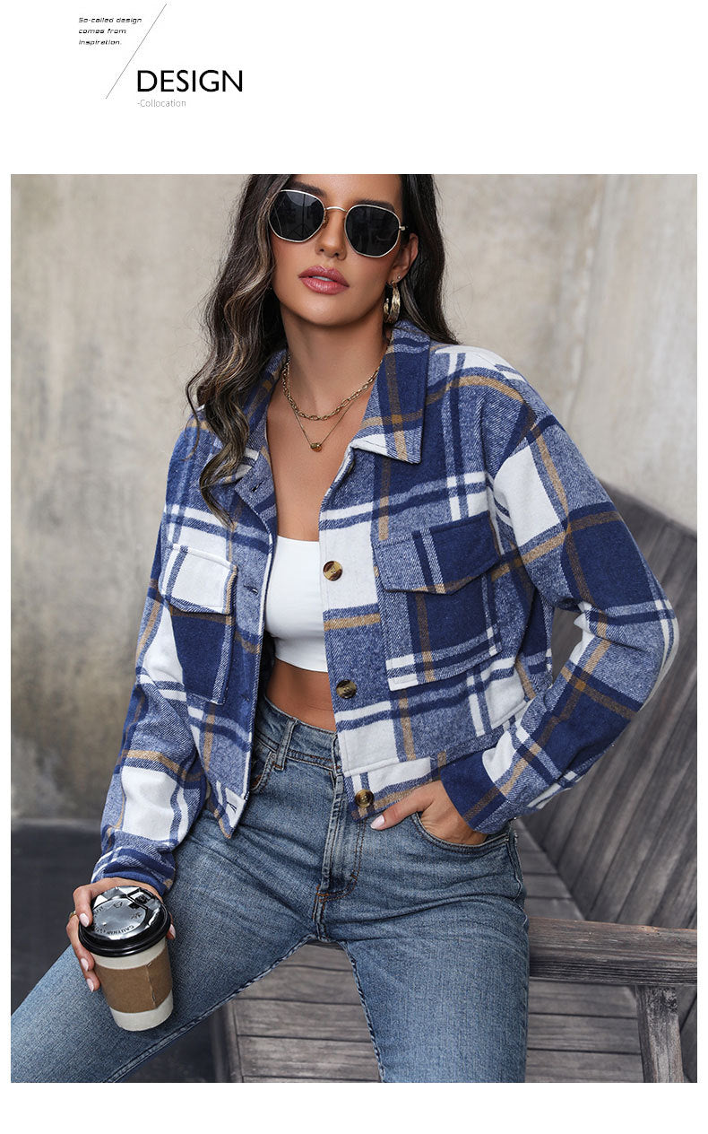 Women's Flannel Cropped Plaid Shacket Jacket Button Down Long Sleeve Shirts Tops