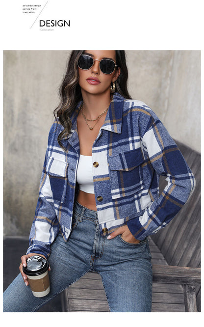 Women's Flannel Cropped Plaid Shacket Jacket Button Down Long Sleeve Shirts Tops
