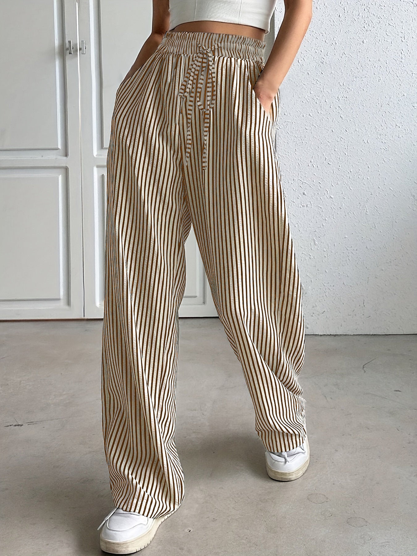 Women's Casual Striped Wide Leg Pants Drawstring Elastic Waist Dress Palazzo Pants with Pockets - Seldom Seen Styles