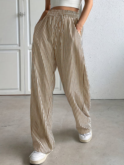 Women's Casual Striped Wide Leg Pants Drawstring Elastic Waist Dress Palazzo Pants with Pockets - Seldom Seen Styles