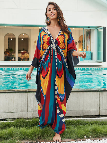 [Plus Size] Butterfly/feather Print Ruched Split Hem Tunic Dress, Valentine's Day Elegant Batwing Sleeve V Neck Long Dress for Summer, Casual Womenswear, Gift, Homecoming Dresses, Women's Clothes for Beach Holiday Vacation, Moo Moo Dresses