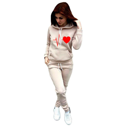 Two-Piece Set Women's Heart Print Raglan Sleeve Hoodie & Drawstring Waist Sweatpants Set, Casual Long Sleeve Hooded Pullover & Pocket Jogger Pants, Women's Fall & Winter Clothes, Holiday Outfits, Soft Clothes - Seldom Seen Styles