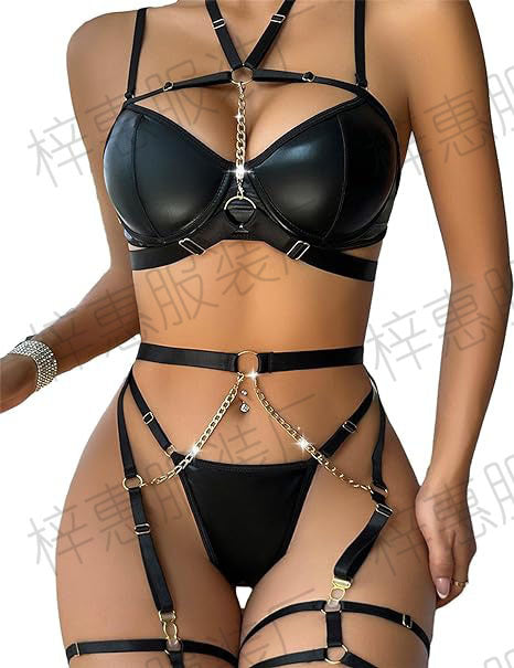Women's Exotic Lingerie Sets Sexy Strappy Leather Rave Outfits Babydoll Garter with Underwire Push Up Bra and Chains - Seldom Seen Styles