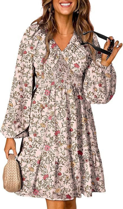 Womens Dresses 2025 Boho Floral V Neck Long Sleeve Smocked Elastic Waist Casual A-Line Swing Mini Dress Sundress