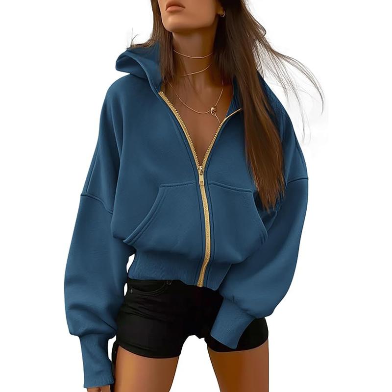 Women's Gold Zipper Hoodie Long Sleeve Fleece Y2K Style Casual Sweatshirt with Pockets for Fall Winter Clothes - Seldom Seen Styles
