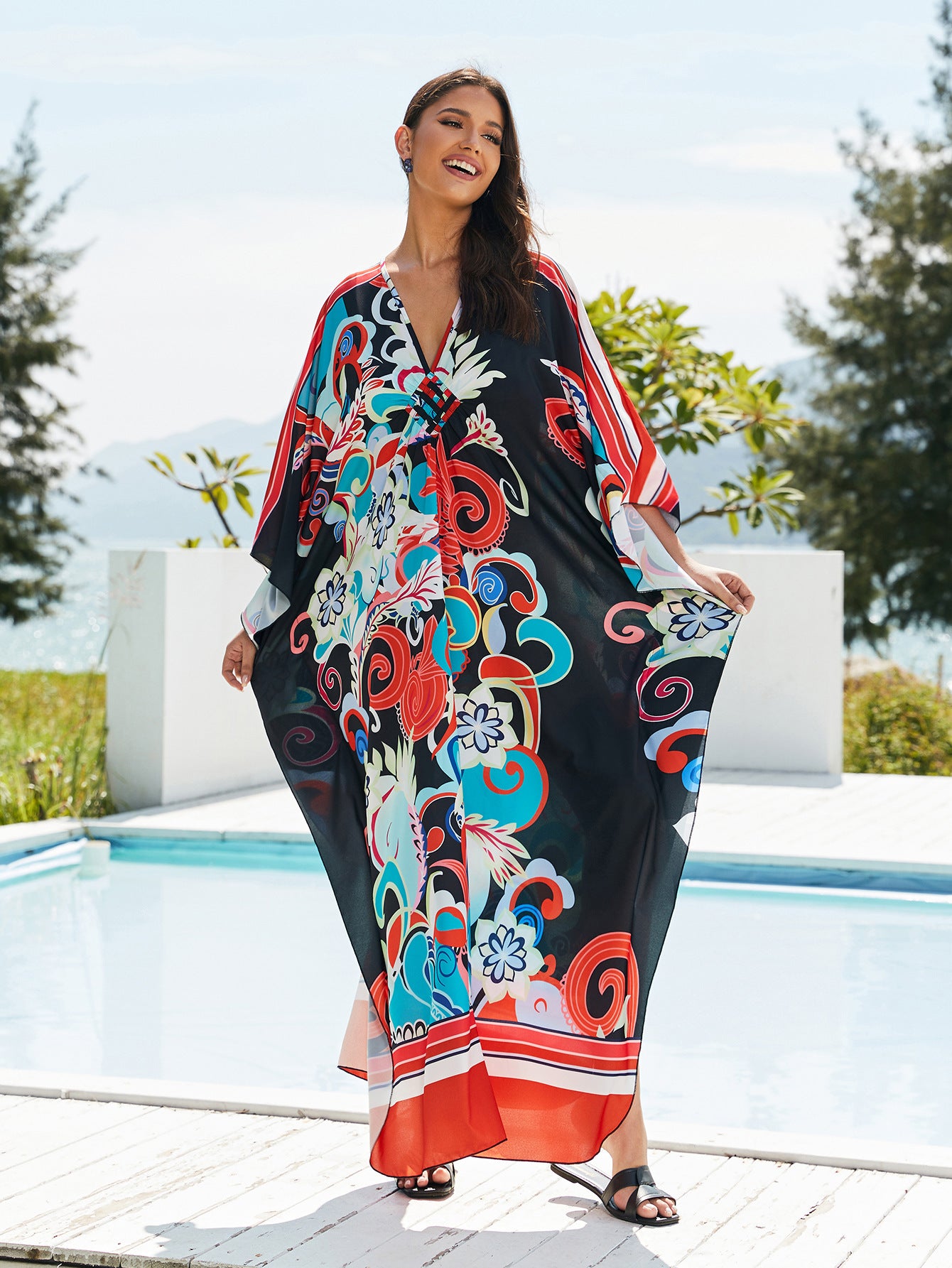 [Plus Size] Butterfly/feather Print Ruched Split Hem Tunic Dress, Valentine's Day Elegant Batwing Sleeve V Neck Long Dress for Summer, Casual Womenswear, Gift, Homecoming Dresses, Women's Clothes for Beach Holiday Vacation, Moo Moo Dresses