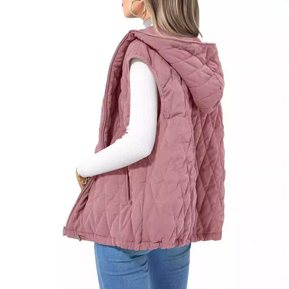 Women's Quilted Vest Casual Sleeveless Hooded Zip Up Diamond pattern Jacket With Pockets Winter Coat Outerwear Minimalist Top