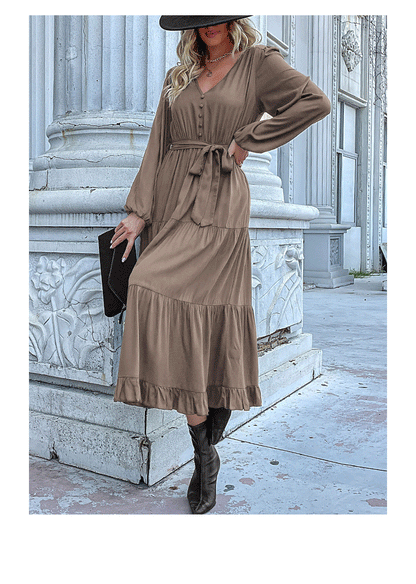 Women's Spring Dresses 2025 Long Sleeve V Neck Button Down Belted A-Line Flowy Ruffle Maxi Shirt Dress Pockets
