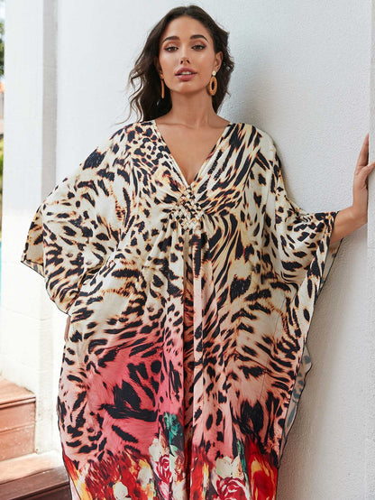 [Plus Size] Butterfly/feather Print Ruched Split Hem Tunic Dress, Valentine's Day Elegant Batwing Sleeve V Neck Long Dress for Summer, Casual Womenswear, Gift, Homecoming Dresses, Women's Clothes for Beach Holiday Vacation, Moo Moo Dresses