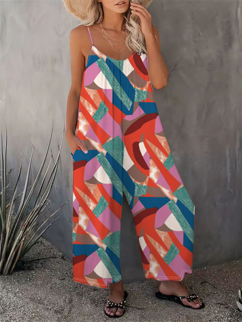 2025 Summer New Women's Casual Ladies' Strap Jumpsuit Pants New Printed Sleeveless Romper for Women