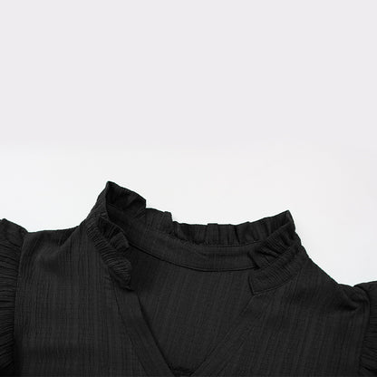 Women's Cap Sleeve Ruffle Trim Mini Dress Ruched Notched Neck Casual Basic Straight Dresses