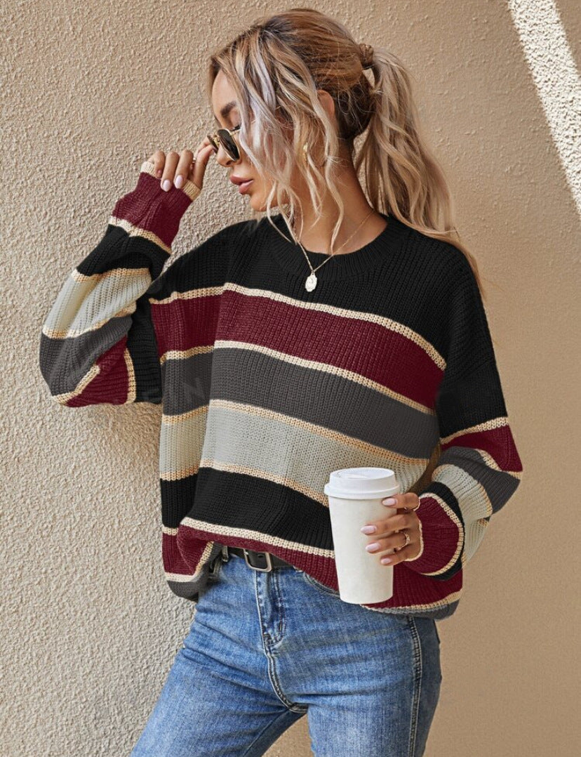 Women's Colorblock Striped Print Drop Shoulder Sweater, Soft Casual Long Sleeve Round Neck Jumper for Fall & Winter, Fashion Ladies' Knitwear for Daily Wear - Seldom Seen Styles