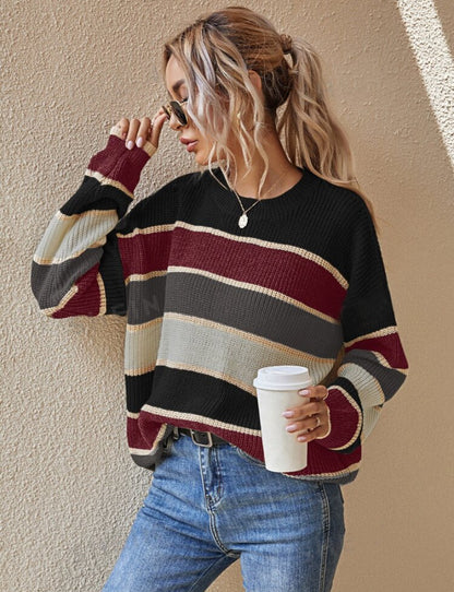 Women's Colorblock Striped Print Drop Shoulder Sweater, Soft Casual Long Sleeve Round Neck Jumper for Fall & Winter, Fashion Ladies' Knitwear for Daily Wear - Seldom Seen Styles