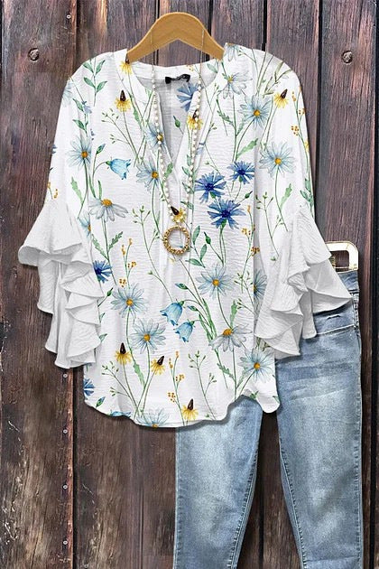 Retro Floral Print Layered Ruffle Sleeve Top Going Outfits Blouses Women Vintage 90s Tops Funny Shirts Women Elegant Classy Tops cute summer outfit - Seldom Seen Styles