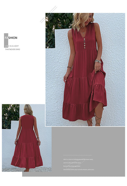 Summer Flowy Maxi Dress with Pockets Sleeveless Loose Casual Sundress V-Neck Tiered Sun Dress for Beach Cruise Vacations