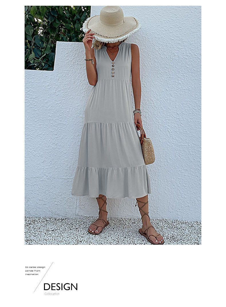 Summer Flowy Maxi Dress with Pockets Sleeveless Loose Casual Sundress V-Neck Tiered Sun Dress for Beach Cruise Vacations