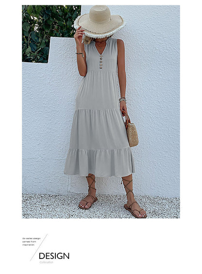 Summer Flowy Maxi Dress with Pockets Sleeveless Loose Casual Sundress V-Neck Tiered Sun Dress for Beach Cruise Vacations