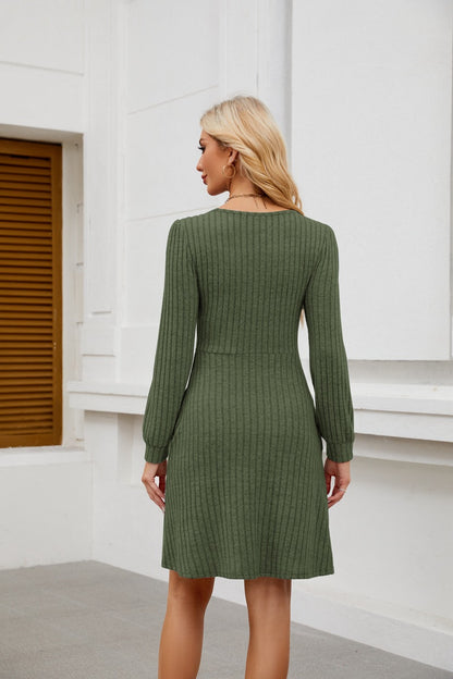 Womens Babydoll Dresses Square Neck Long Sleeve Knee Length Flowy Swing Shirring Mini Dresses Fall Dress