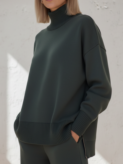 Casual Travel Stand Collar Side Zipper Top Straight Pants Two-Piece Set