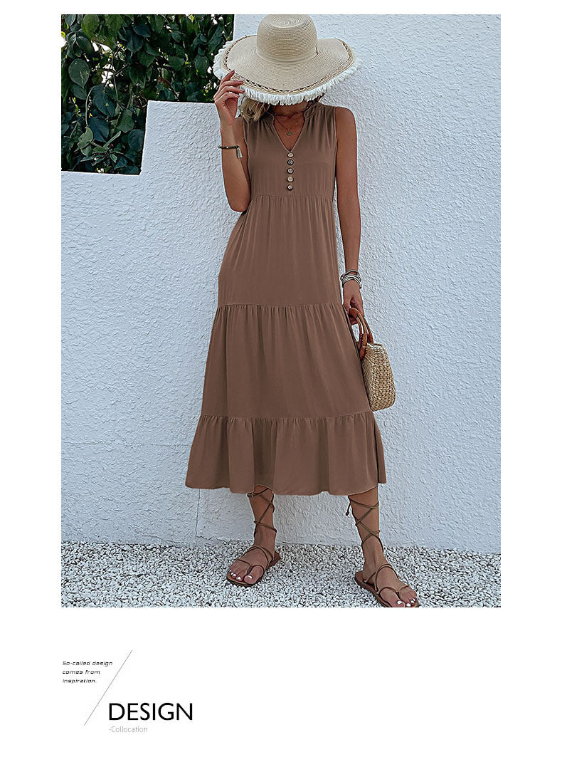 Summer Flowy Maxi Dress with Pockets Sleeveless Loose Casual Sundress V-Neck Tiered Sun Dress for Beach Cruise Vacations
