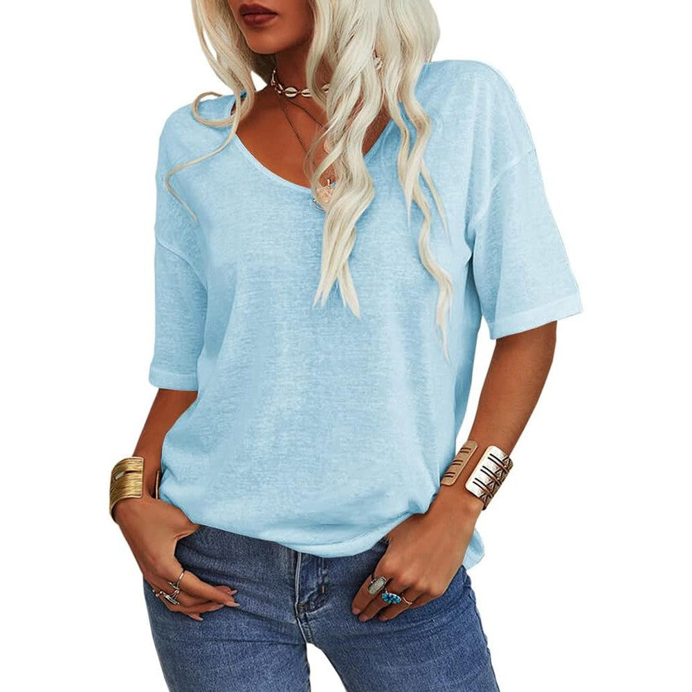 Womens Shirt, Normality Women's Solid Color V-Neck T-Shirt, Summer Short Sleeve Loose Casual Tops - Seldom Seen Styles