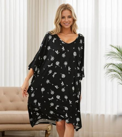 Plus Size Nightgown for Women V-Neck Sleep  Dress Pjs Lounge Short Sleeves Sleepwear With Pocket Fit S-5XL Pajamas Elastic Loungewear Breathable Fabric - Seldom Seen Styles