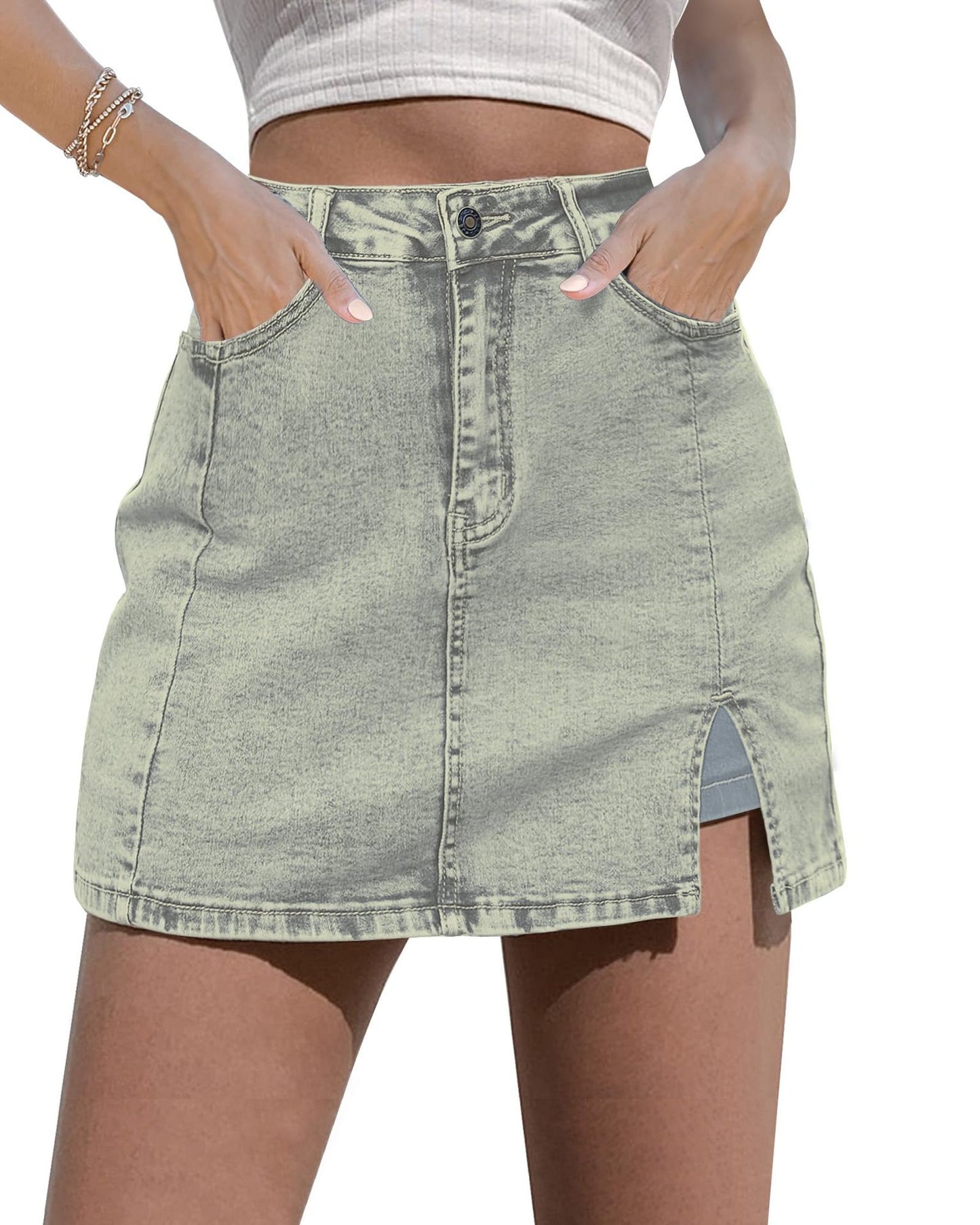 luvamia Skorts Skirts for Women Denim Mini Skirt Side Slit with High Waisted Jean Shorts Stretchy - Seldom Seen Styles