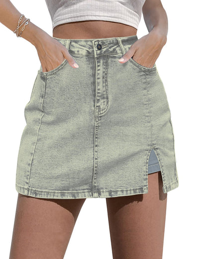 luvamia Skorts Skirts for Women Denim Mini Skirt Side Slit with High Waisted Jean Shorts Stretchy - Seldom Seen Styles