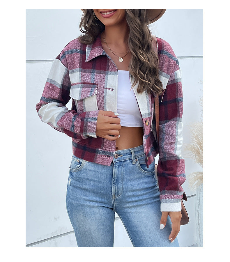 Women's Flannel Cropped Plaid Shacket Jacket Button Down Long Sleeve Shirts Tops