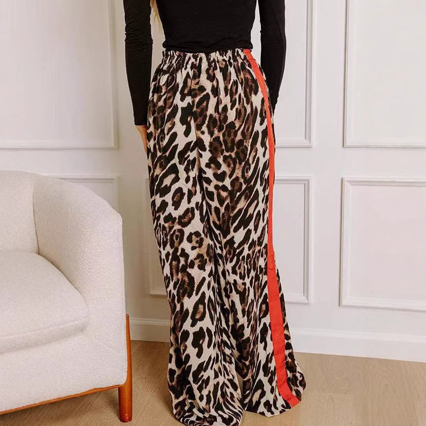 Women's Casual Pants Drawstring Leopard Print Color Block Side Striped Straight Leg Wide Leg Loose Pants - Seldom Seen Styles