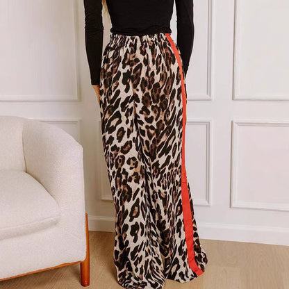 Women's Casual Pants Drawstring Leopard Print Color Block Side Striped Straight Leg Wide Leg Loose Pants - Seldom Seen Styles