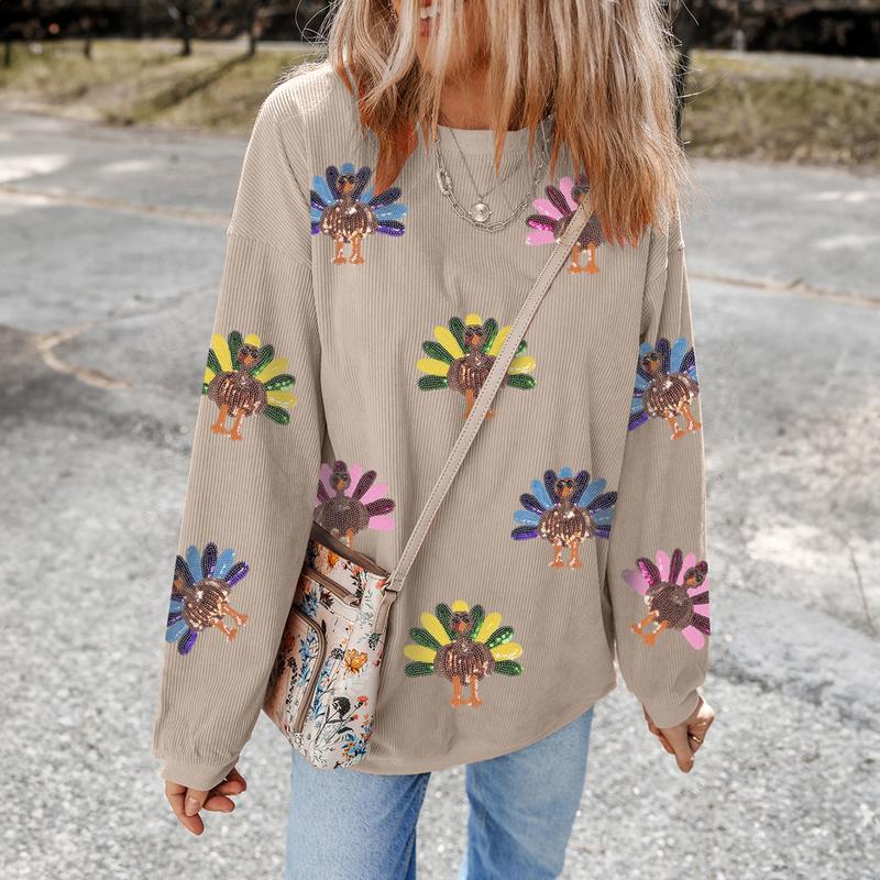 Women's Thanksgiving Sweatshirt with Sequin Turkey Graphic Corded Baggy Long Sleeve Winteroutfit Round Neck Casual Tops for Comfortable Wear - Seldom Seen Styles