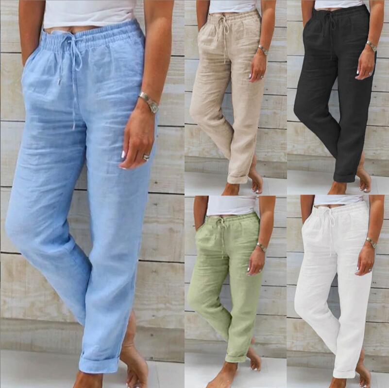 Womens Tapered Pants Cotton Linen Drawstring Back Elastic Waist Pants Casual Trousers with Pockets - Seldom Seen Styles